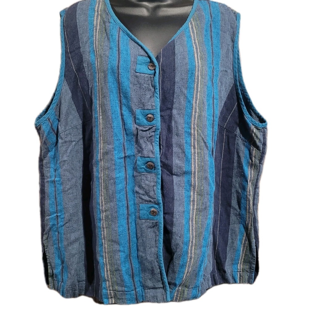 Linen Blend Sleeveless Top Plus Size 24 Stripe Button Up Cottage Homestead Lagen